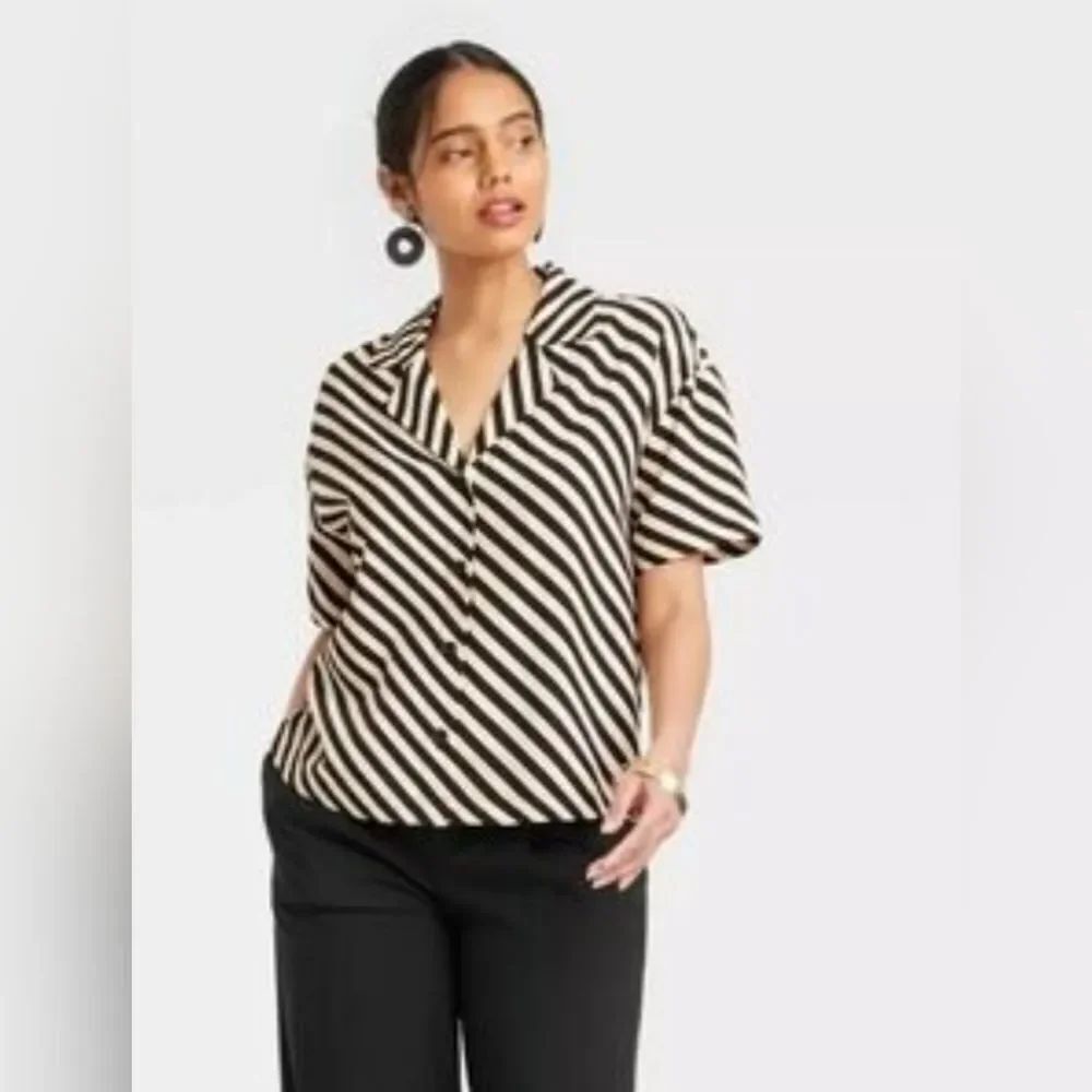 A New Day Cream and Black Striped 100% Rayon Button Down Blouse Size M| NWT!